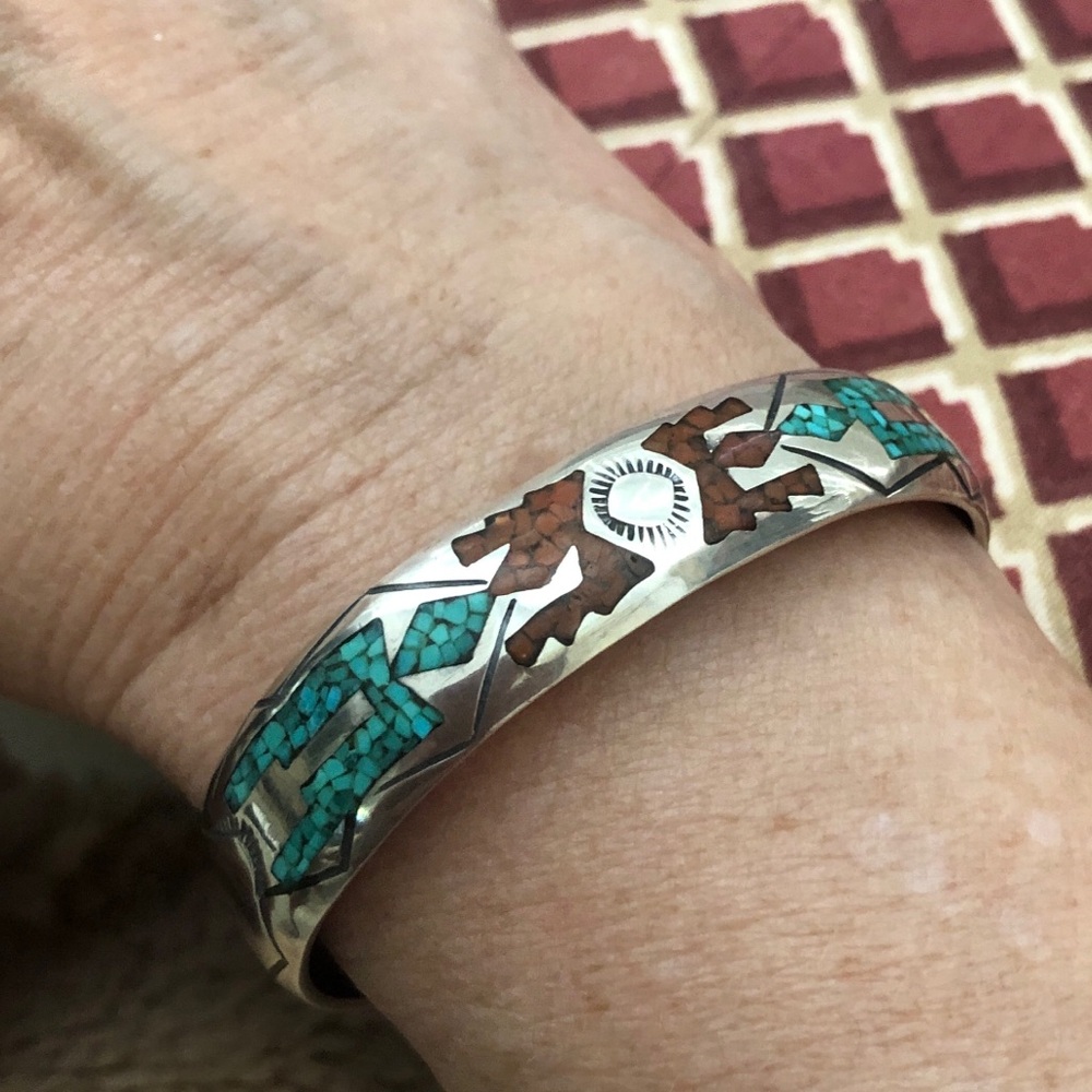 Mother’s Day,Sterling Silver/turquoise/coral cuff bracelet, Signed by theartist. - Picture 3 of 15